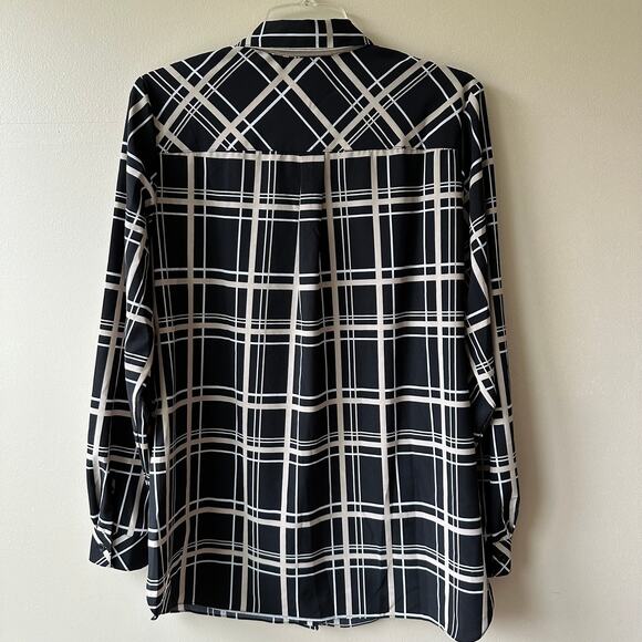 Susan Graver Blouse Top Plaid Button Down Relaxed Black Tan Small Classic Office - Picture 3 of 11